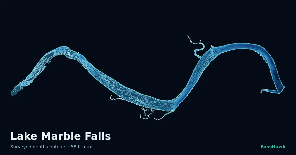 Lake Marble Falls depth contours — shallow flats bright, the creek channel and deep basin dark