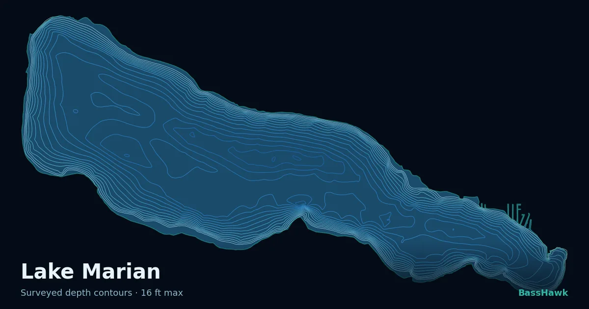 Lake Marian depth contours — shallow flats bright, the creek channel and deep basin dark