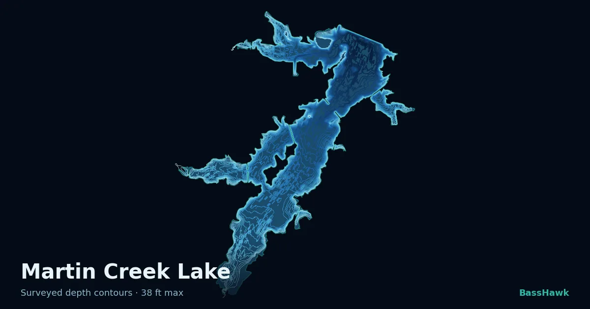 Martin Creek Lake depth contours — shallow flats bright, the creek channel and deep basin dark