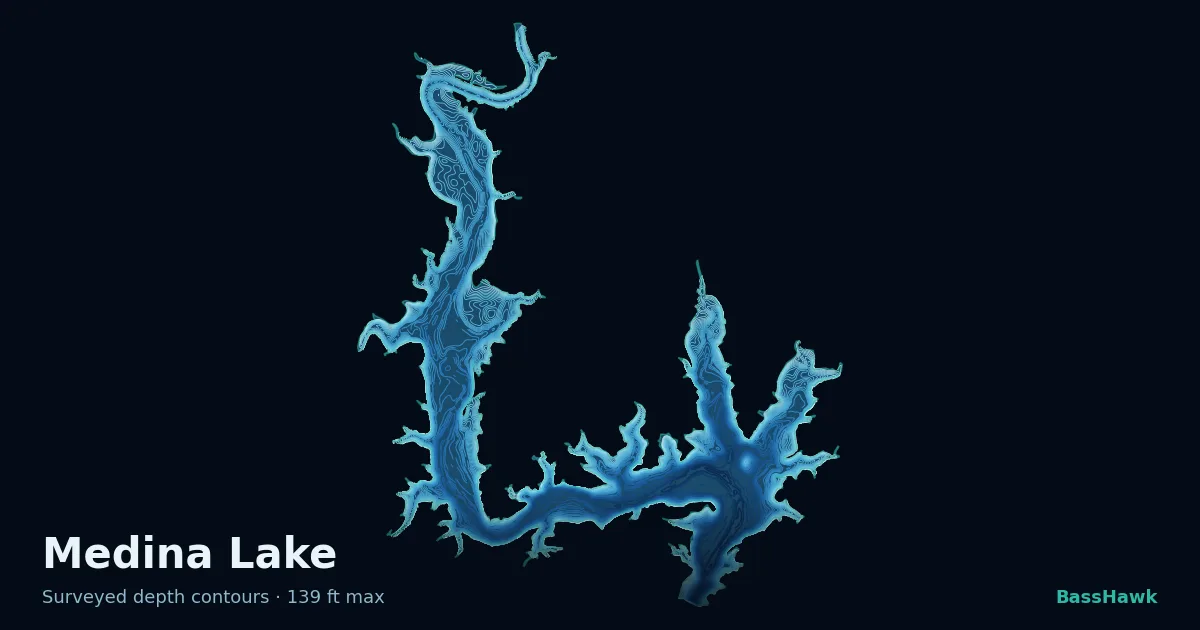 Medina Lake depth contours — shallow flats bright, the creek channel and deep basin dark