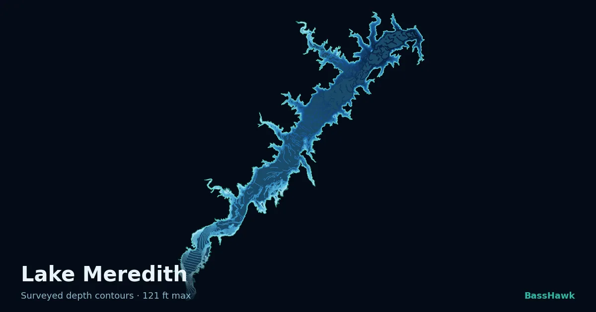 Lake Meredith depth contours — shallow flats bright, the creek channel and deep basin dark