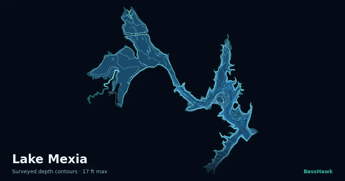 Lake Mexia depth contours — shallow flats bright, the creek channel and deep basin dark