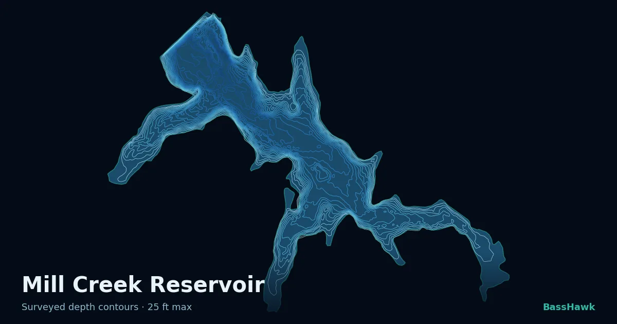 Mill Creek Reservoir depth contours — shallow flats bright, the creek channel and deep basin dark