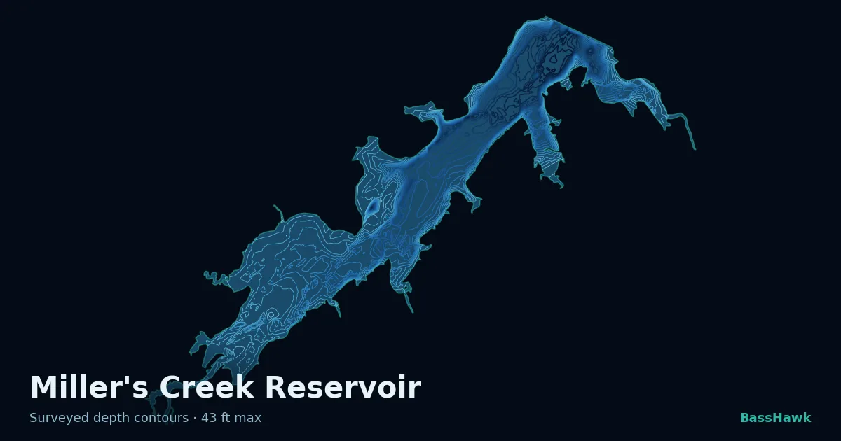 Miller's Creek Reservoir depth contours — shallow flats bright, the creek channel and deep basin dark