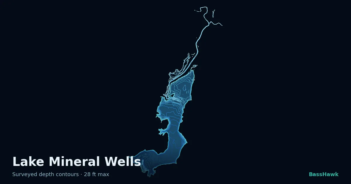 Lake Mineral Wells depth contours — shallow flats bright, the creek channel and deep basin dark