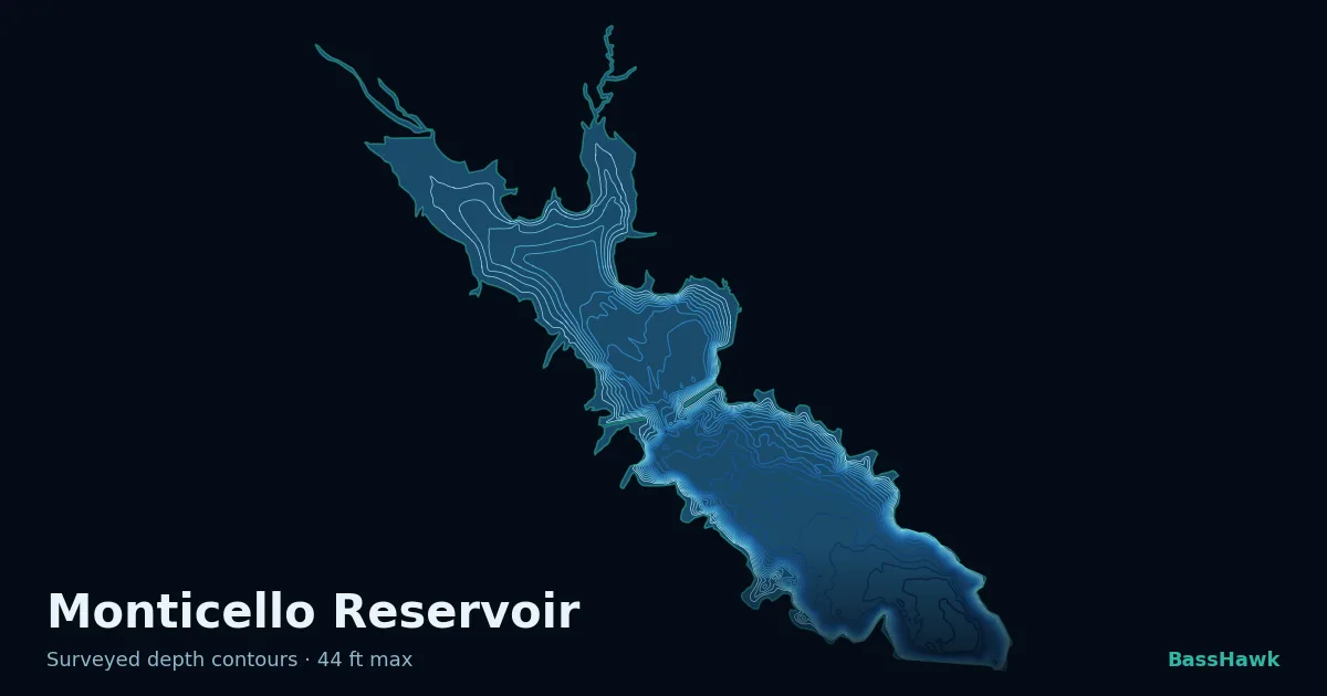 Monticello Reservoir depth contours — shallow flats bright, the creek channel and deep basin dark