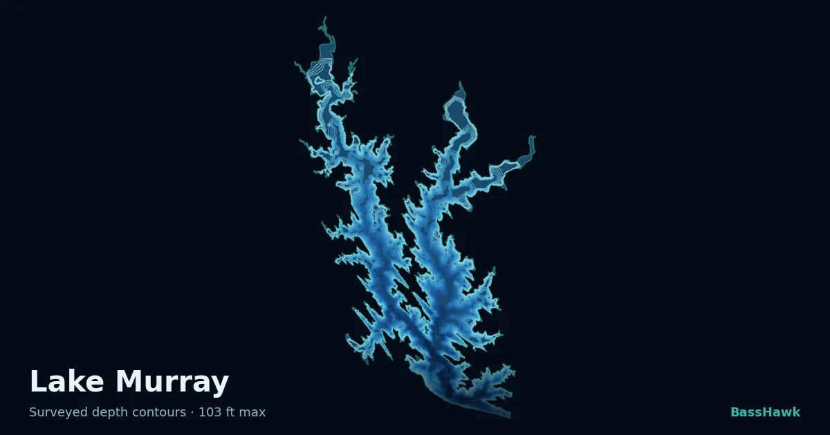 Lake Murray depth contours — shallow flats bright, the creek channel and deep basin dark