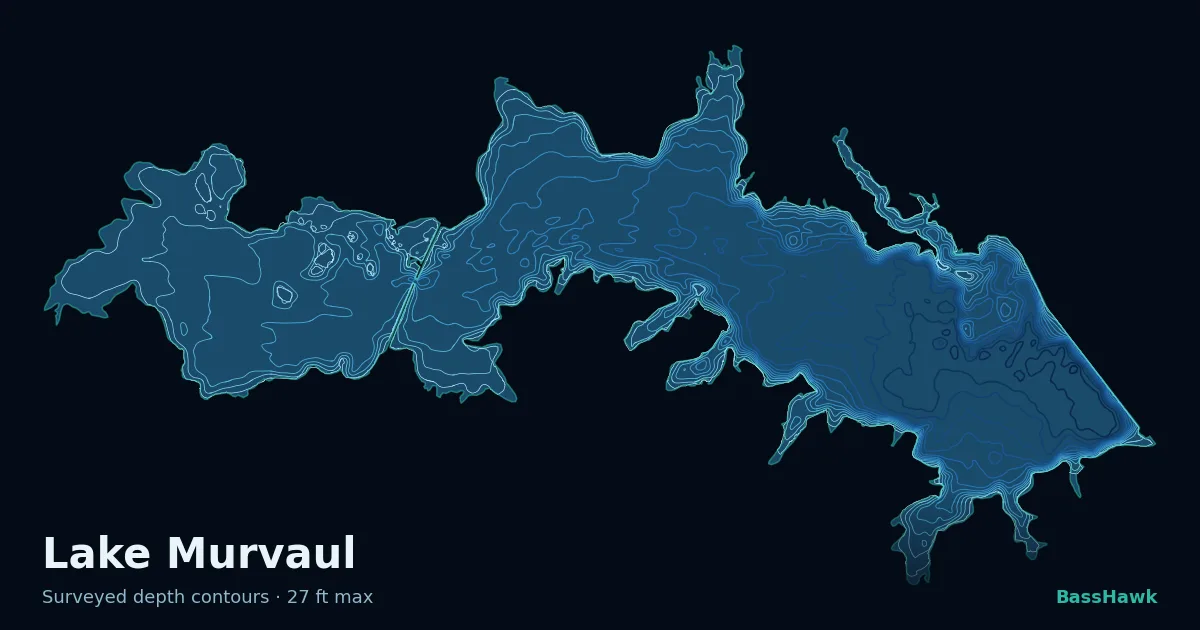 Lake Murvaul depth contours — shallow flats bright, the creek channel and deep basin dark
