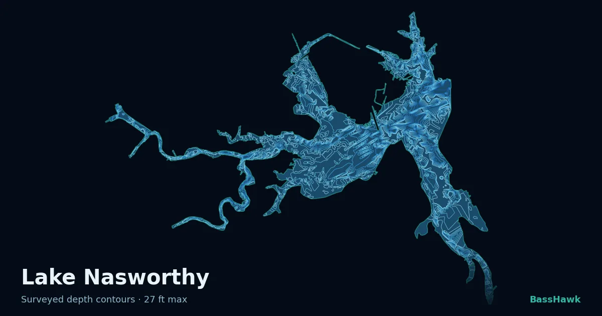 Lake Nasworthy depth contours — shallow flats bright, the creek channel and deep basin dark