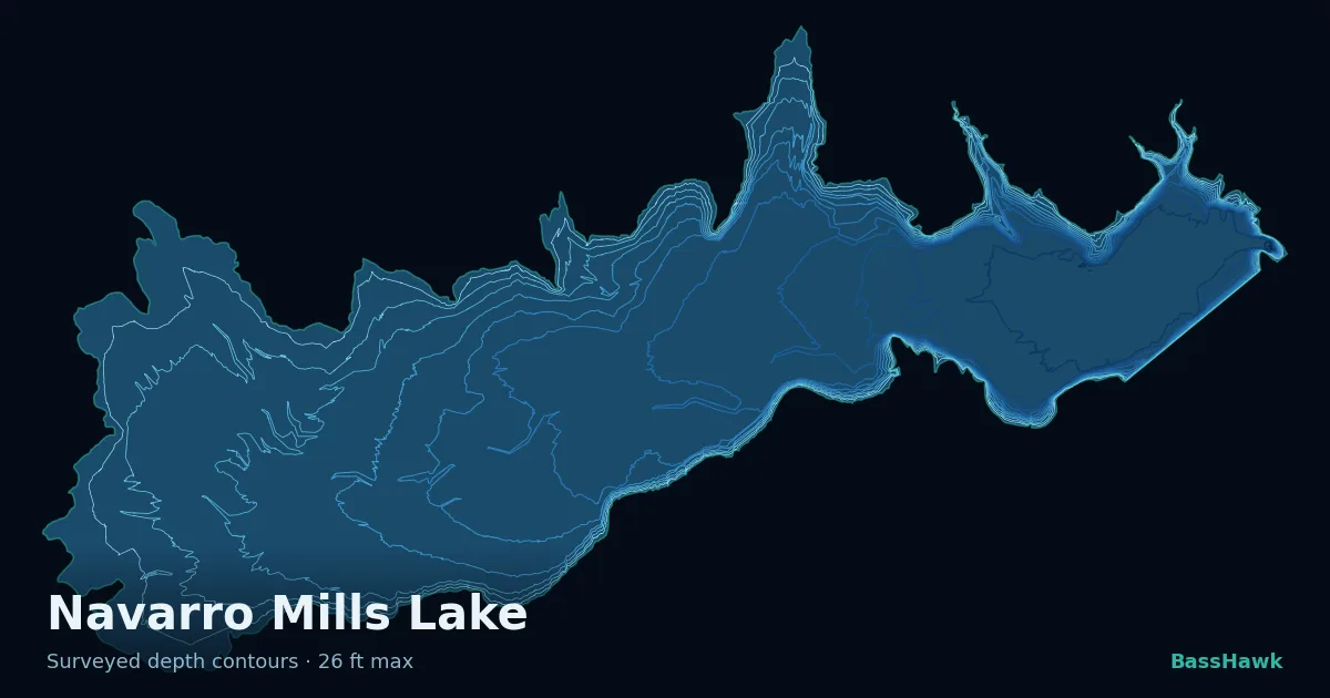 Navarro Mills Lake depth contours — shallow flats bright, the creek channel and deep basin dark