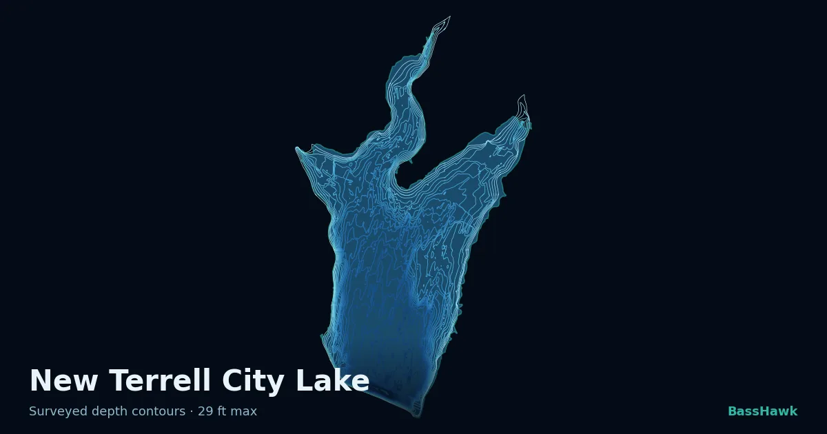 New Terrell City Lake depth contours — shallow flats bright, the creek channel and deep basin dark