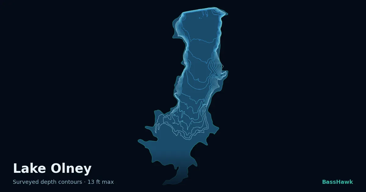 Lake Olney depth contours — shallow flats bright, the creek channel and deep basin dark