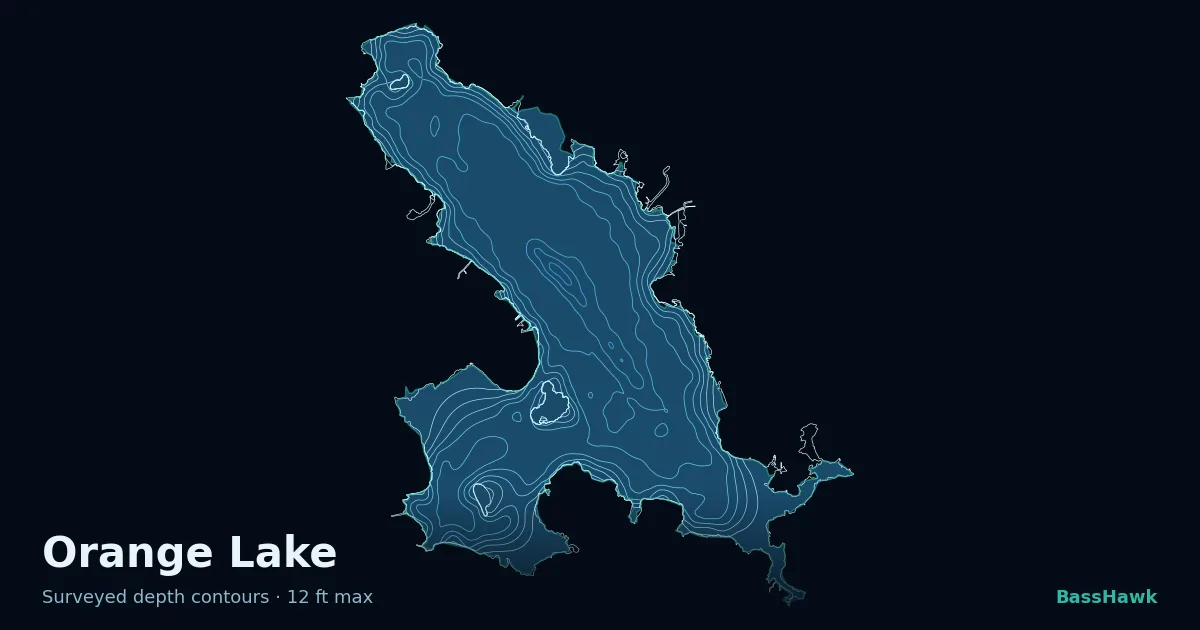 Orange Lake depth contours — shallow flats bright, the creek channel and deep basin dark