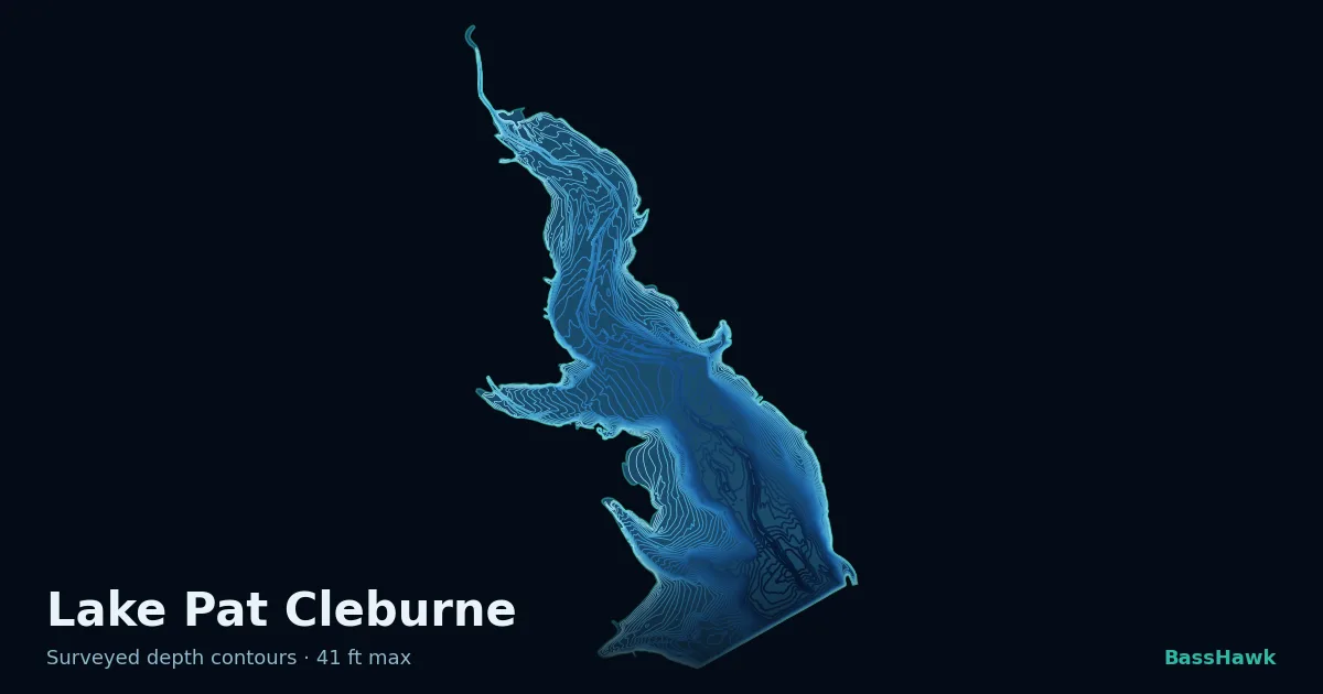 Lake Pat Cleburne depth contours — shallow flats bright, the creek channel and deep basin dark
