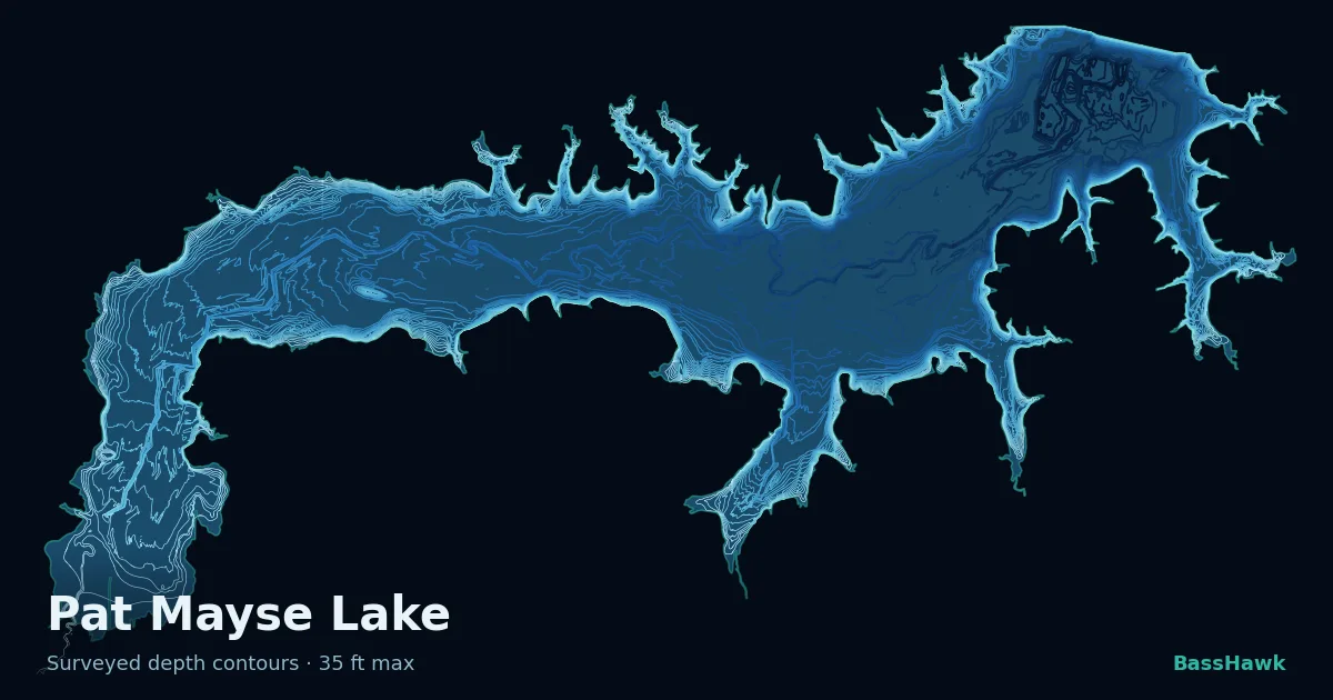 Pat Mayse Lake depth contours — shallow flats bright, the creek channel and deep basin dark