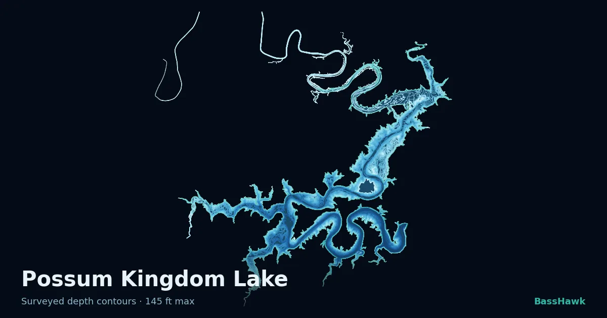 Possum Kingdom Lake depth contours — shallow flats bright, the creek channel and deep basin dark