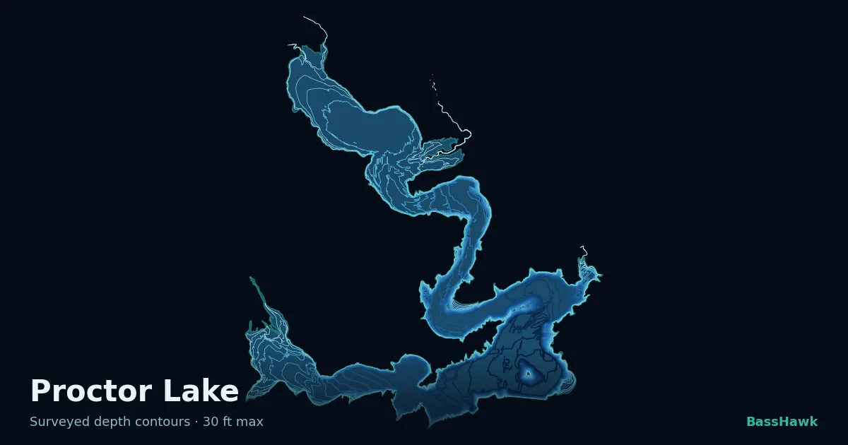 Proctor Lake depth contours — shallow flats bright, the creek channel and deep basin dark