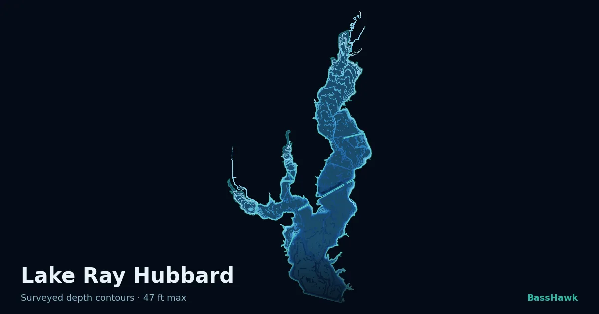 Lake Ray Hubbard depth contours — shallow flats bright, the creek channel and deep basin dark