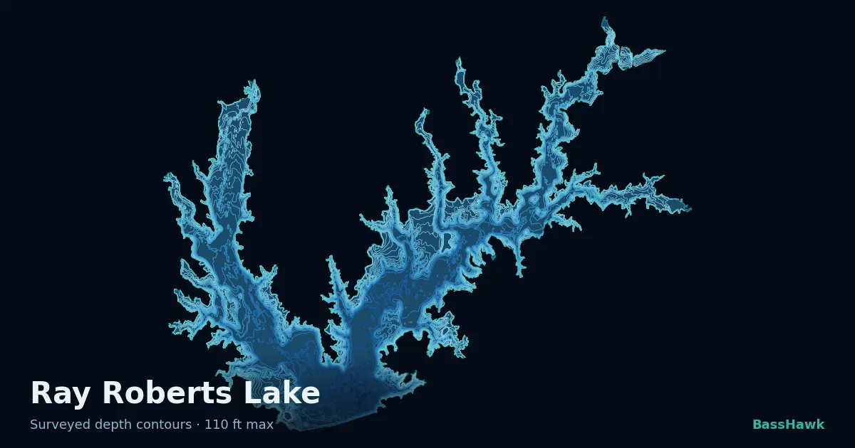 Ray Roberts Lake depth contours — shallow flats bright, the creek channel and deep basin dark