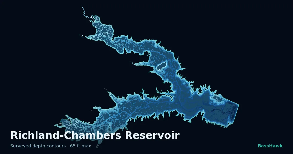 Richland-Chambers Reservoir depth contours — shallow flats bright, the creek channel and deep basin dark