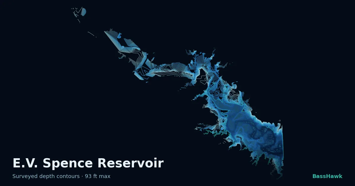 E.V. Spence Reservoir depth contours — shallow flats bright, the creek channel and deep basin dark