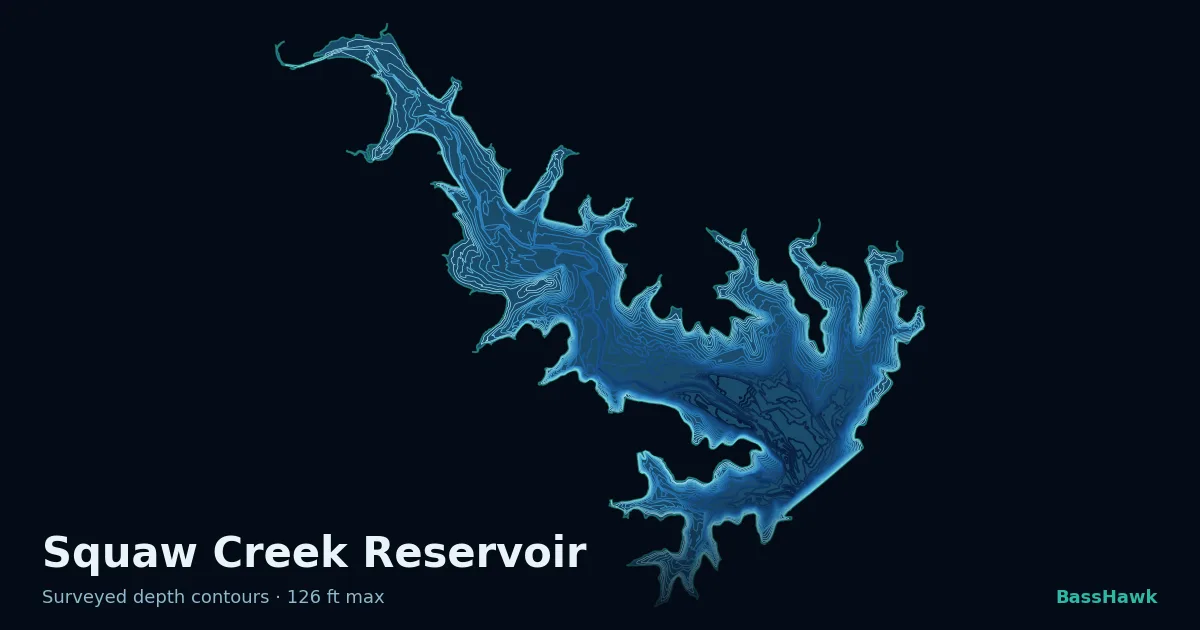 Squaw Creek Reservoir depth contours — shallow flats bright, the creek channel and deep basin dark