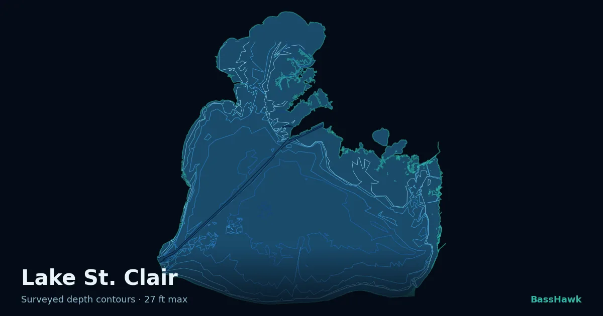 Lake St. Clair depth contours — shallow flats bright, the creek channel and deep basin dark