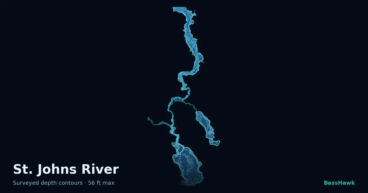 St. Johns River depth contours — shallow flats bright, the creek channel and deep basin dark