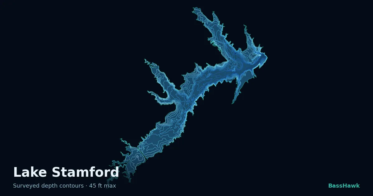 Lake Stamford depth contours — shallow flats bright, the creek channel and deep basin dark