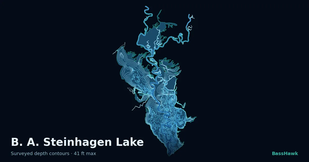 B. A. Steinhagen Lake depth contours — shallow flats bright, the creek channel and deep basin dark