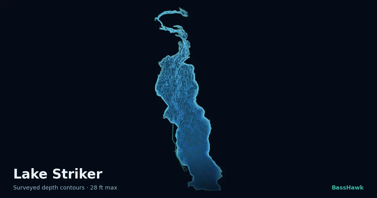 Lake Striker depth contours — shallow flats bright, the creek channel and deep basin dark