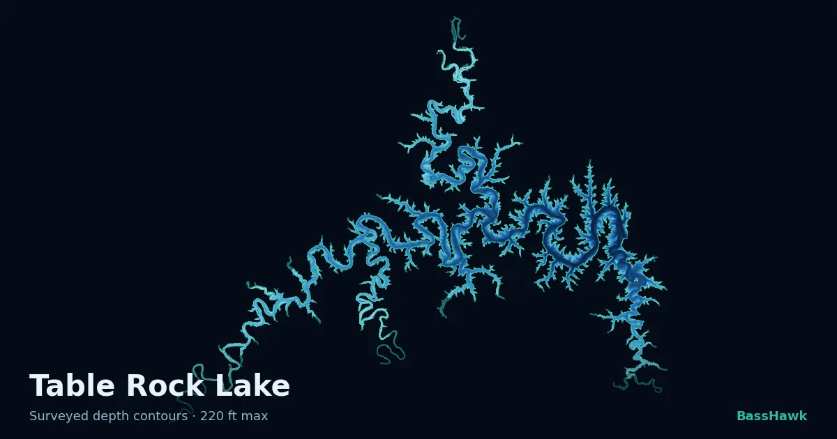 Table Rock Lake depth contours — shallow flats bright, the creek channel and deep basin dark