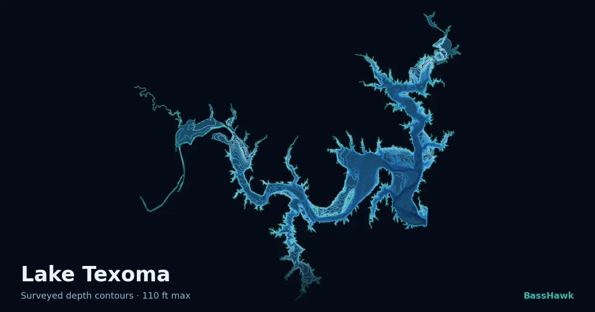 Lake Texoma depth contours — shallow flats bright, the creek channel and deep basin dark