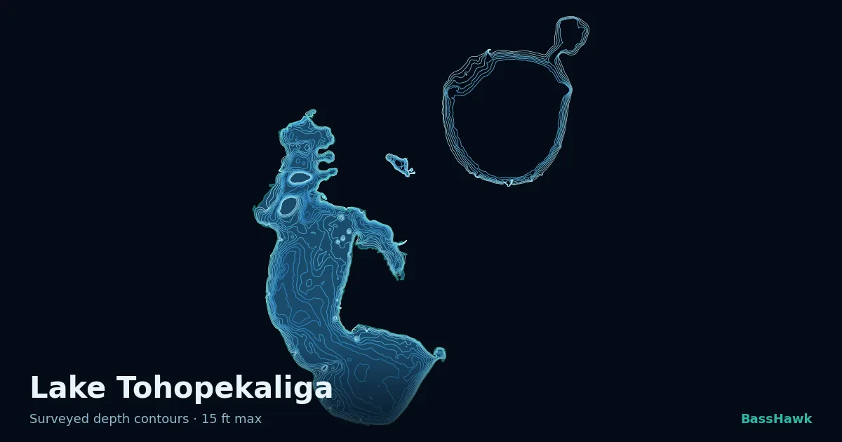 Lake Tohopekaliga depth contours — shallow flats bright, the creek channel and deep basin dark