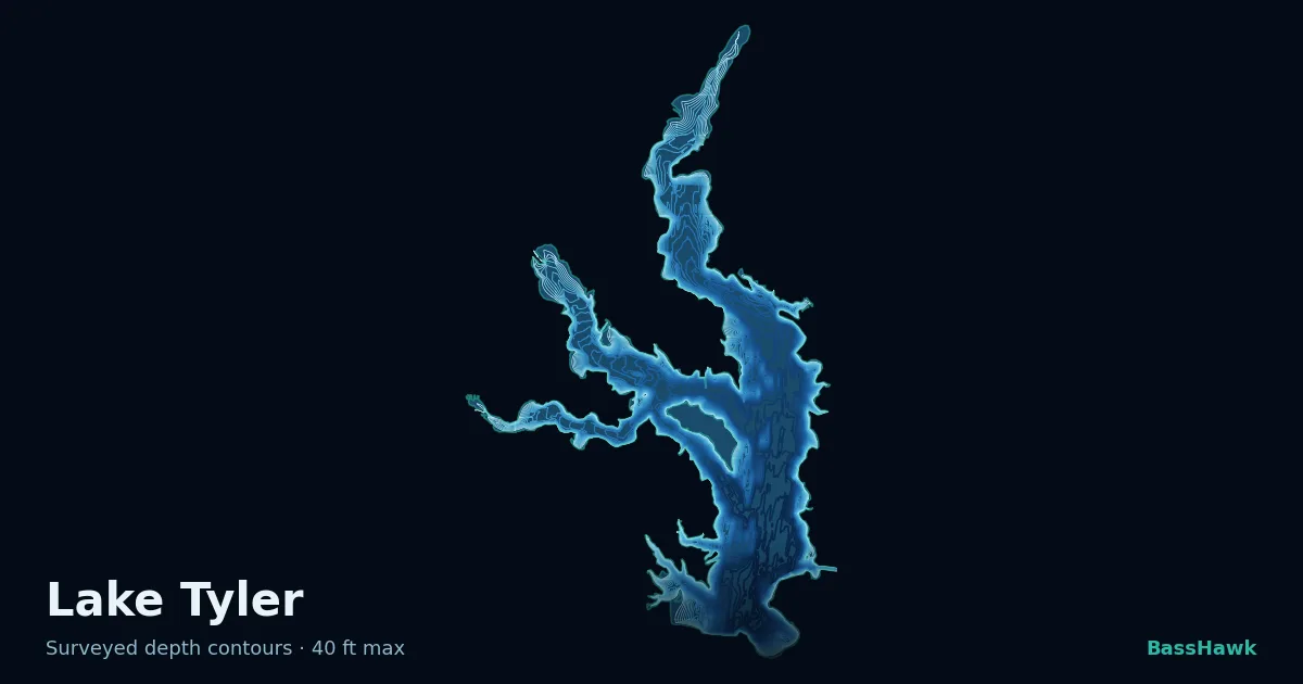 Lake Tyler depth contours — shallow flats bright, the creek channel and deep basin dark
