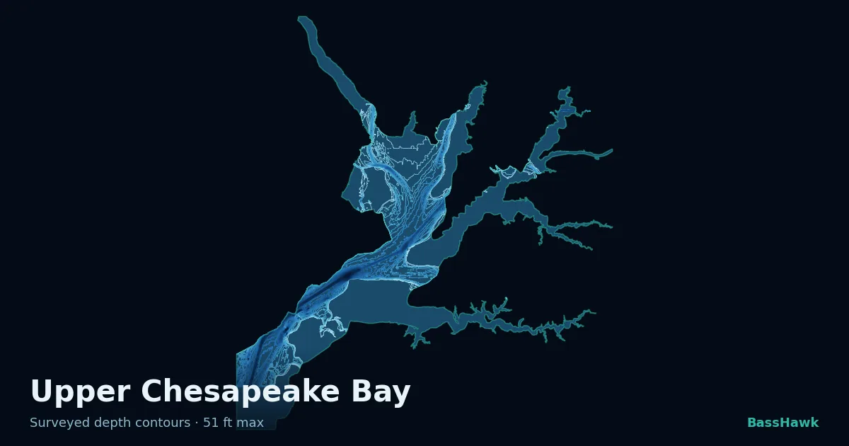 Upper Chesapeake Bay depth contours — shallow flats bright, the creek channel and deep basin dark