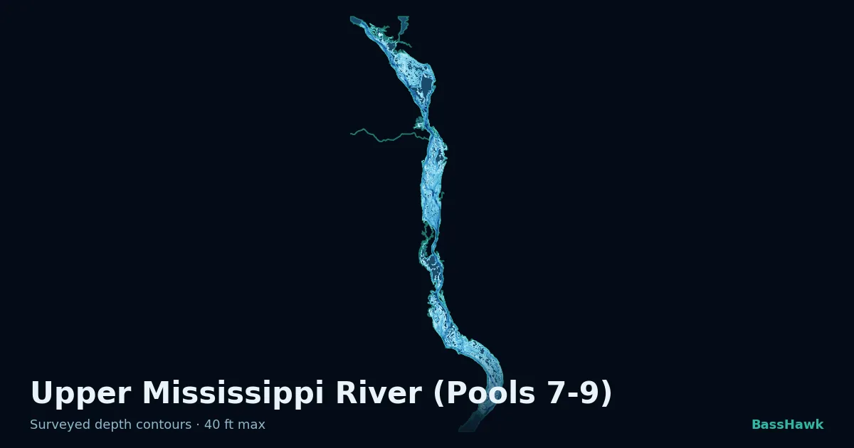 Upper Mississippi River (Pools 7-9) depth contours — shallow flats bright, the creek channel and deep basin dark
