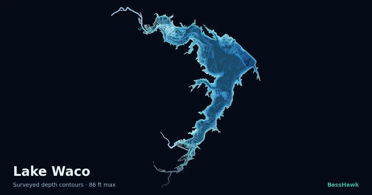 Lake Waco depth contours — shallow flats bright, the creek channel and deep basin dark
