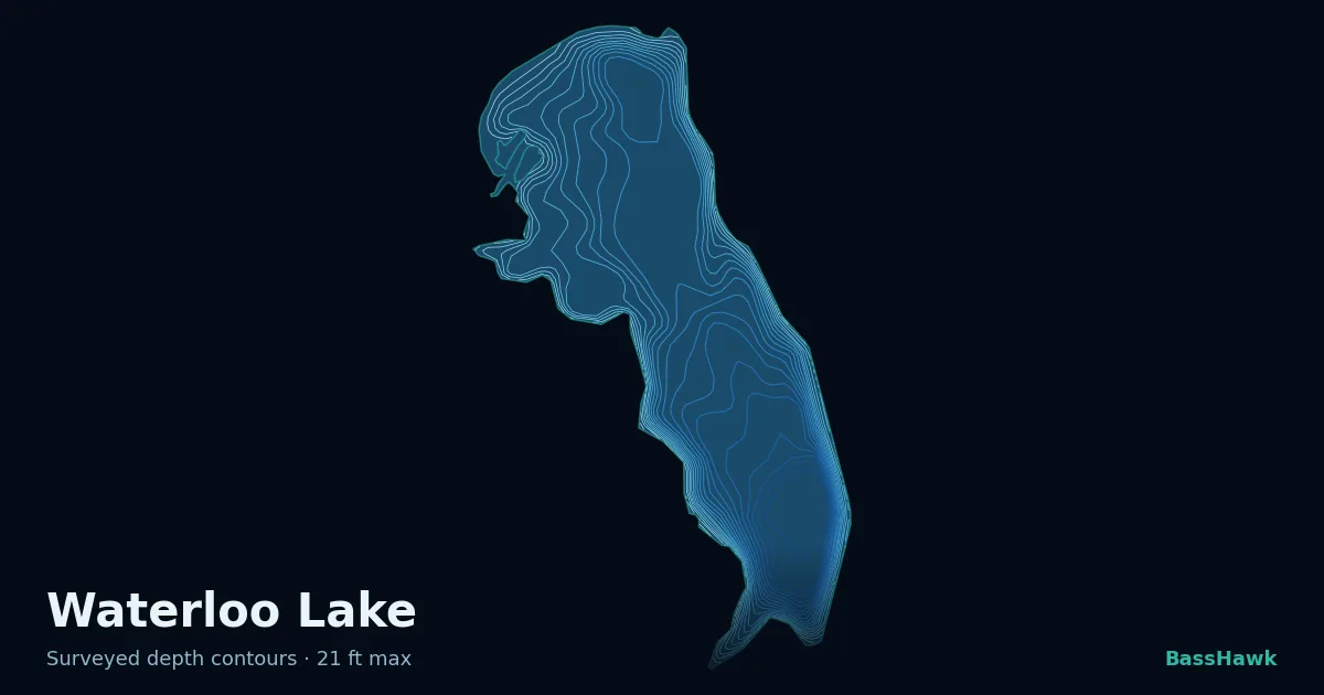 Waterloo Lake depth contours — shallow flats bright, the creek channel and deep basin dark
