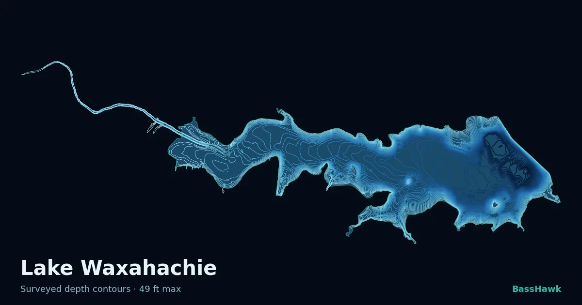 Lake Waxahachie depth contours — shallow flats bright, the creek channel and deep basin dark