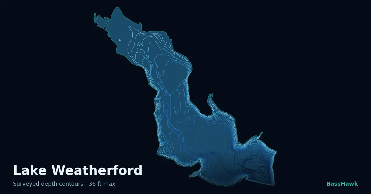Lake Weatherford depth contours — shallow flats bright, the creek channel and deep basin dark