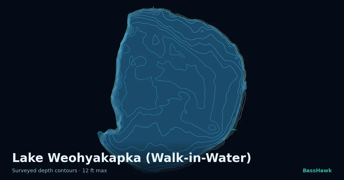 Lake Weohyakapka (Walk-in-Water) depth contours — shallow flats bright, the creek channel and deep basin dark