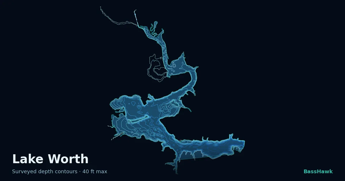 Lake Worth depth contours — shallow flats bright, the creek channel and deep basin dark