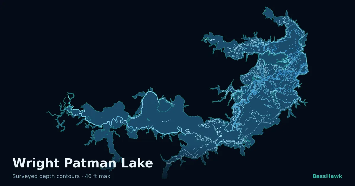 Wright Patman Lake depth contours — shallow flats bright, the creek channel and deep basin dark