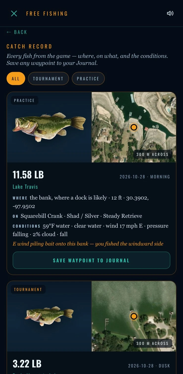 The catch record: every fish with its spot, bait and conditions, and a Save to Journal button