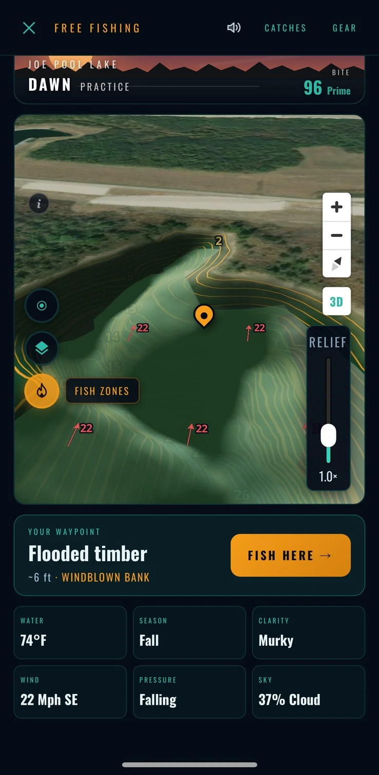 The same waypoint in 3D with the wind arrows — 22 mph SE onto the bank