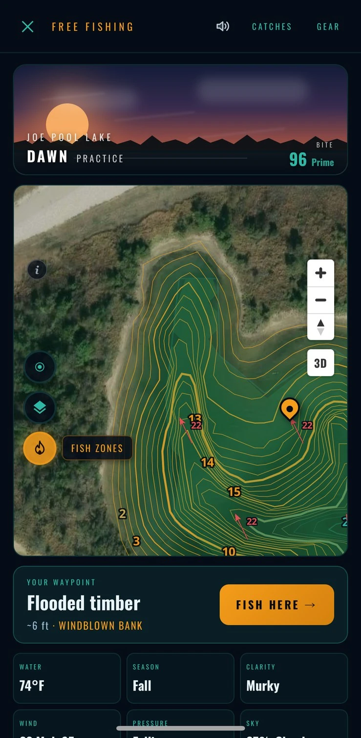 Pick a waypoint on the real contours, Fish Zones lit — flooded timber at 6 ft on a windblown bank, Joe Pool Lake