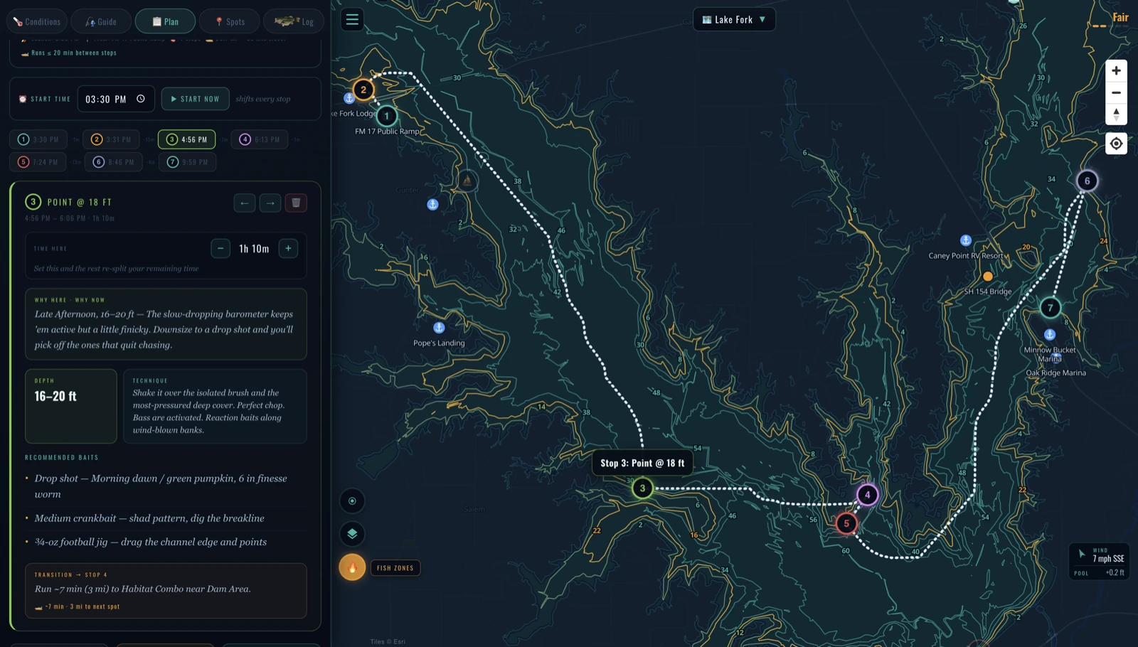 The finished plan, timed and routed — Lake Fork, Texas