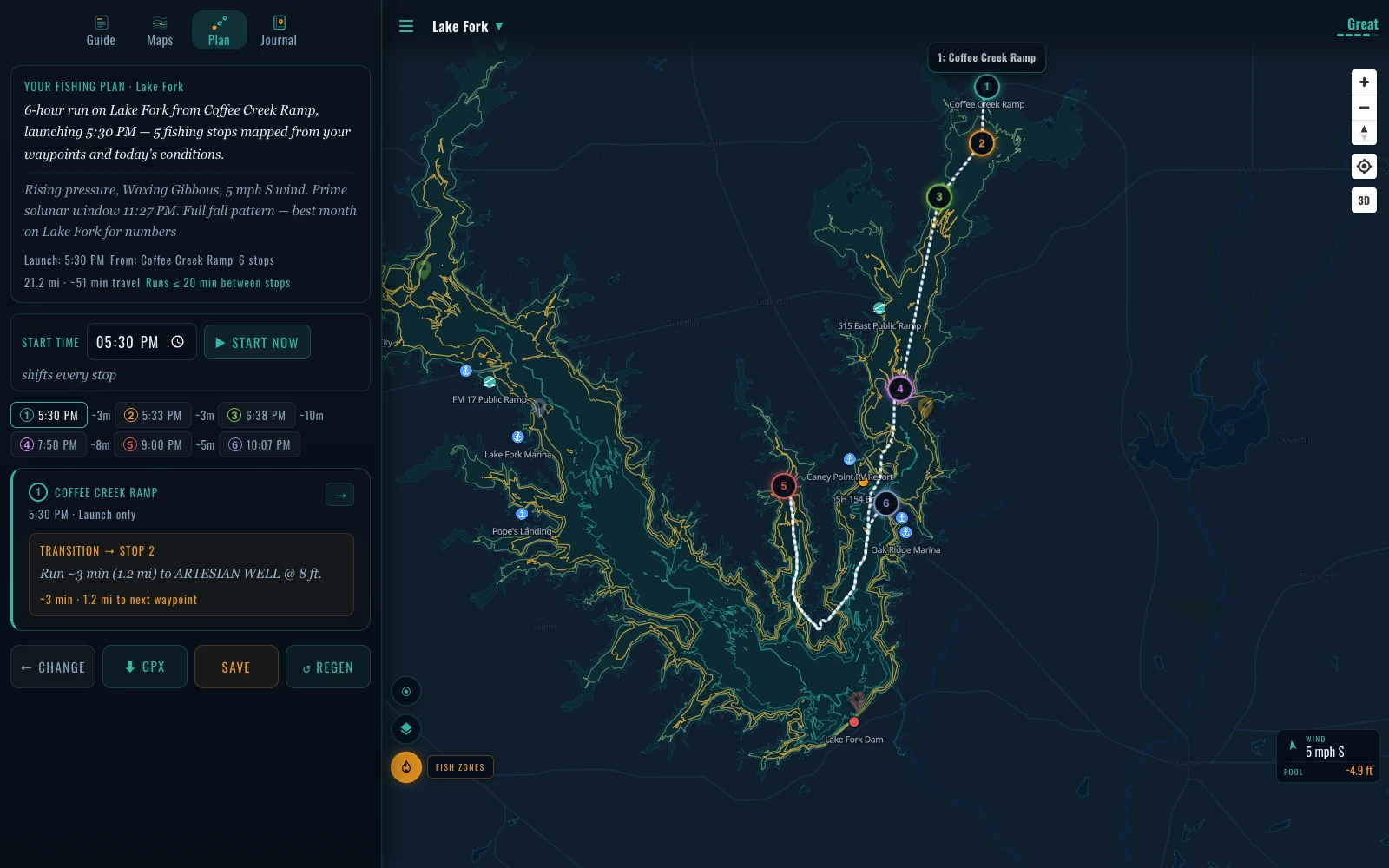 The finished plan, timed and routed — Lake Fork, Texas