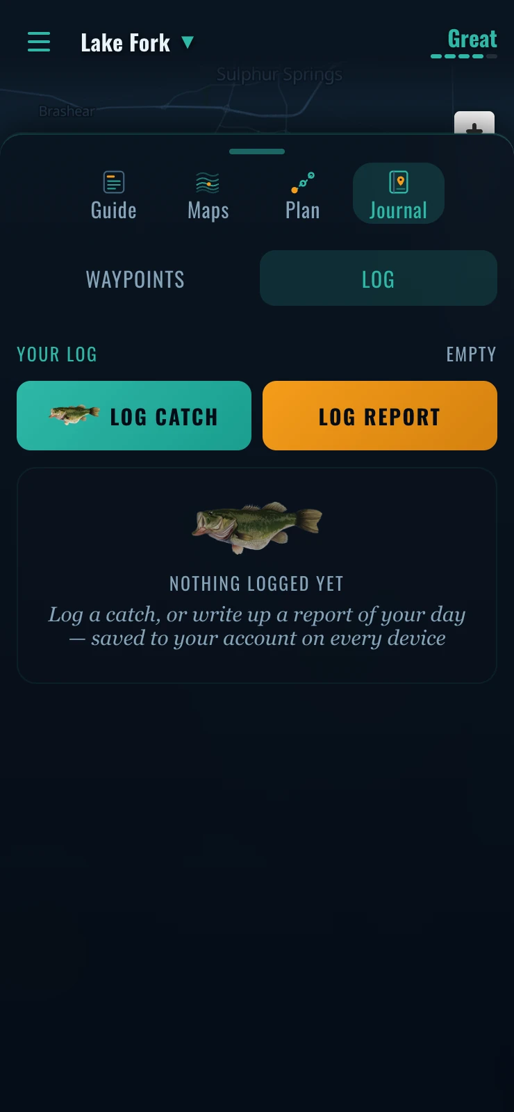 The Journal tab, before anything is in it — log a catch, or write up the day